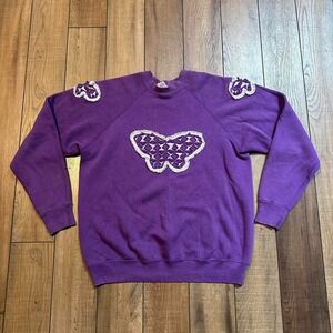 Vintage‎ Butterfly Crewneck Sweatshirt Women's Large Crochet Embroidered Granny
